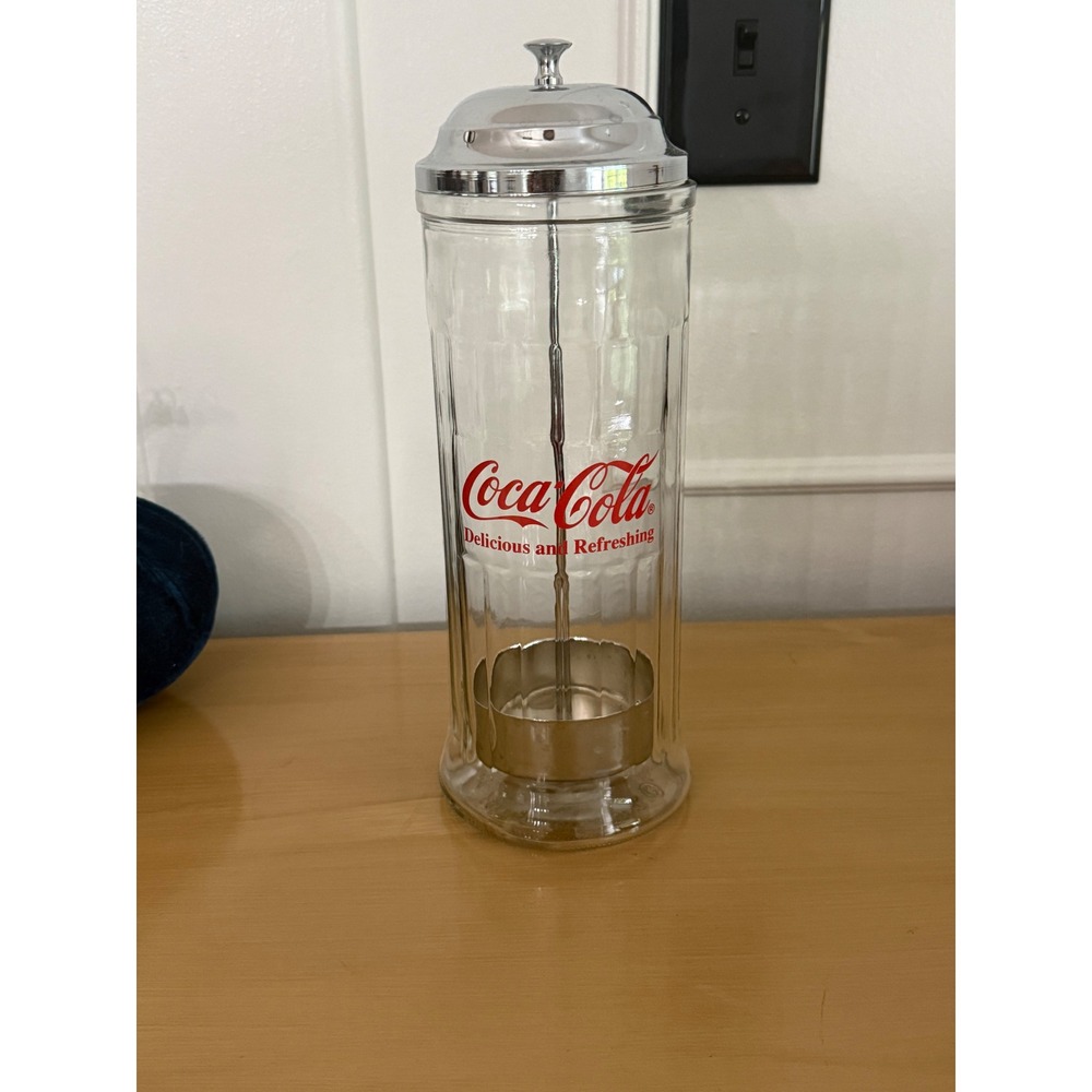 Coca-Cola Vintage Glass Straw Dispenser Chrome Lid Soda Fountain Decor 11 inch